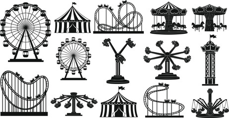Black silhouettes of amusement park rides and attractions on a white background ferris wheel © Shakila