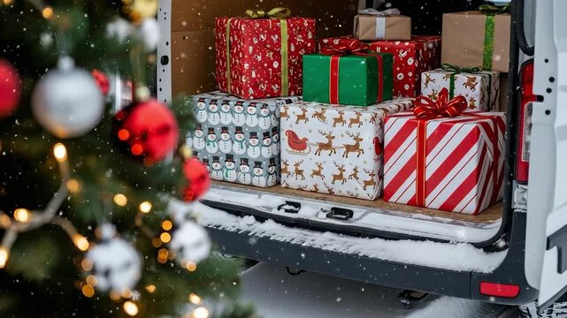 A festive scene featuring a variety of beautifully wrapped Christmas gifts in a van, surrounded by snow and a decorated tree, creating a joyful holiday atmosphere.