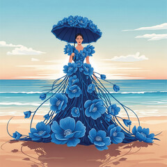 Woman in Blue Floral Gown with Parasol at Sunset Beach &ndash; Surreal Fashion Vector Illustration
