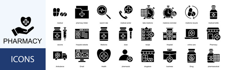 Pharmacy icon collection set. Containing medical, pharmacy folder, search rate, medical center, take medicine, medicine icon