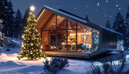 Festive Modern Cabin Illuminated With Christmas Lights and Decorations Amidst Snow Covered Landscape at Night