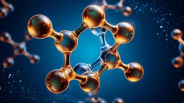 Glossy blue and orange molecules colliding and fusing in a cinematic 3D animation, illustrating chemical bonding and scientific innovation.