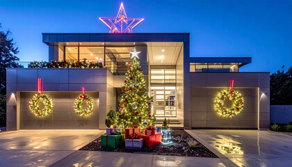Festive Modern Home Decorated For The Holiday Season With Illuminated Wreaths Christmas Tree and Star Topper Against Twilight Sky
