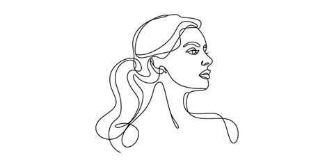Minimalist continuous line drawing of a beautiful womans profile portrait