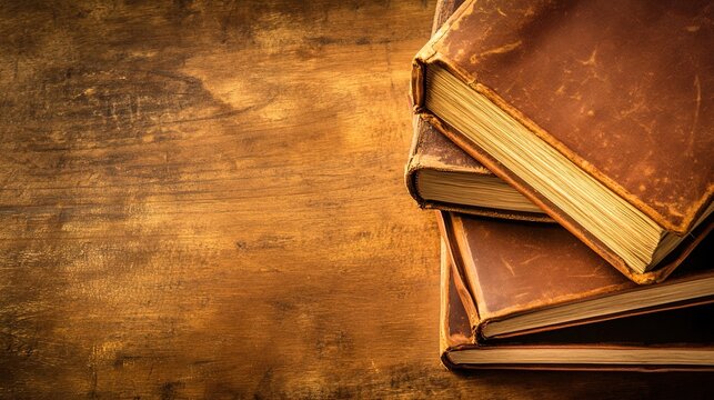 ledgers. Overhead view of stacked leather-bound ledgers on a wooden desk, illuminated by warm directional light. pitch deck slides.