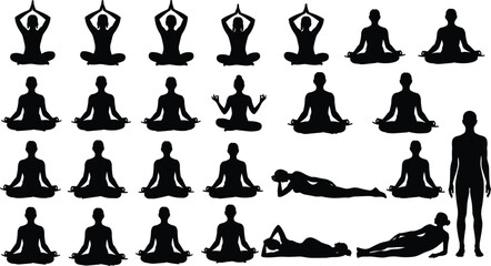 Silhouette Collection Of People In Yoga Poses And Standing Full Body meditation exercise