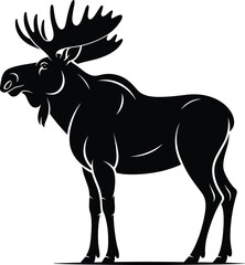 Obraz premium Moose silhouette standing in wild forest, majestic animal wildlife vector illustration, big antlers, Canadian wilderness, strong powerful nature symbol art