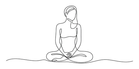 Minimalist one line drawing of woman meditating in lotus pose