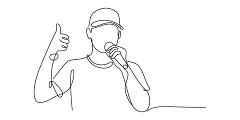 One line drawing of rapper or singer with microphone giving thumbs up sign