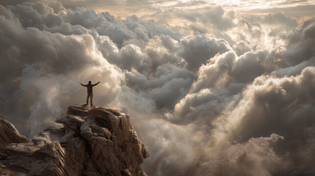Man standing on mountain cliff above dramatic clouds at sunrise