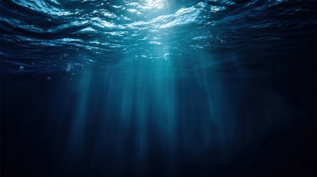 Deep sea exploration with lights piercing through dark ocean waters. mobility guides, transit brochures, designed for mobility and urban transit guides, improves user orientation.