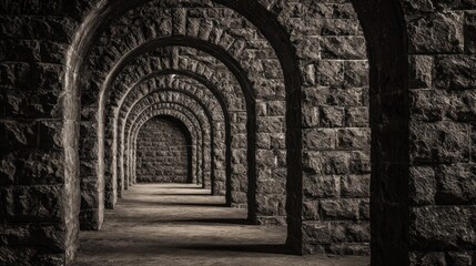 Obraz premium Geometric pattern of receding stone arches vanishing into darkness. real-estate listings, architecture portfolios, designed for real-estate listing and luxury residence showcases.
