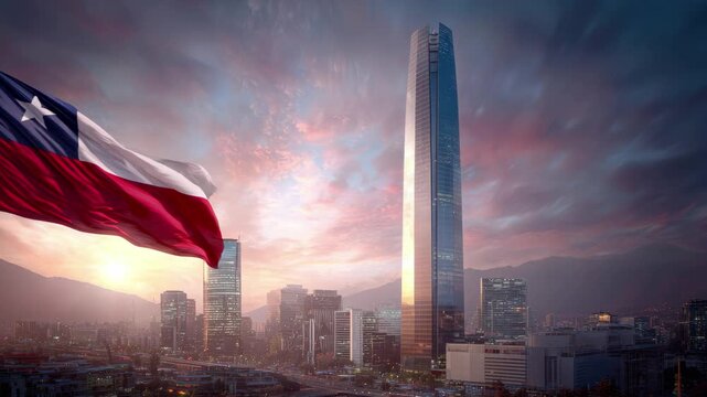 Dynamic Chile skyline with waving flag at sunset against dramatic sky, symbolizing national pride and modern architecture