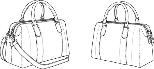Fashion handbag technical sketch with handle and shoulder strap, detailed purse design template for women, cad drawing flat vector illustration