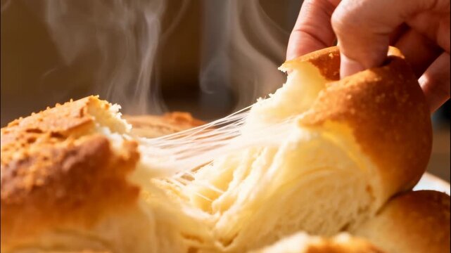 Close up of steaming hot cheese bread being pulled apart with visible cheese strings