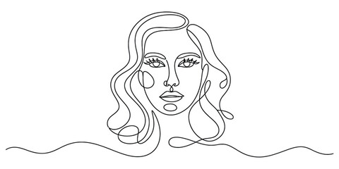 Minimalist one line drawing of a womans face with wavy hair