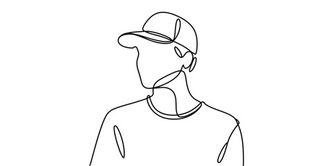One line drawing of a young man wearing a baseball cap