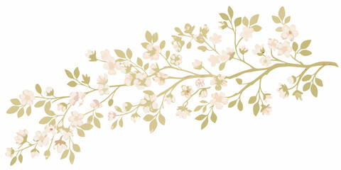 Delicate flowering branch with pink blossoms and soft green leaves
