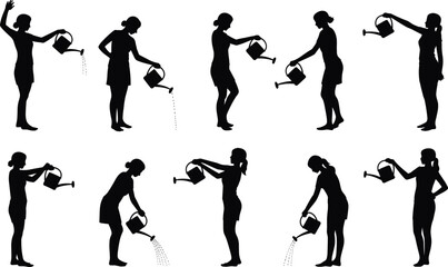 Silhouettes of Women Pouring Water from Watering Cans on White Background woman