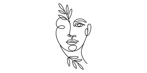 Minimalist one line drawing of woman face with leaves abstract art