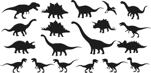 Set of dinosaur silhouettes vector illustration, prehistoric animal icons, black Jurassic creatures, ancient reptile graphic collection for design and print © Mst