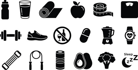 Health and fitness silhouette icon set. Diet food, gym workout equipment, and lifestyle symbols including weight scale vector collection.
