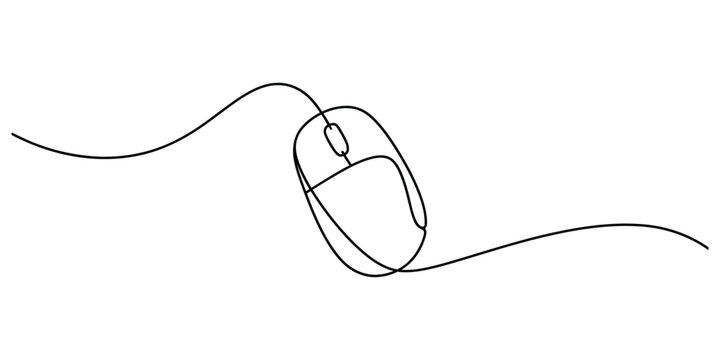 Continuous line drawing of a computer mouse with cord