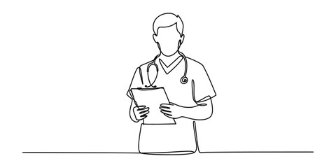 Continuous line drawing of doctor holding clipboard and stethoscope