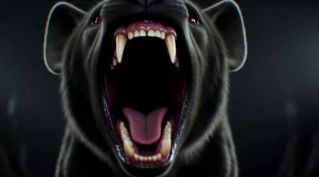 A black hyenas with jaws wide open in a haunting display of primal fear and raw wilderness. Generative AI 
