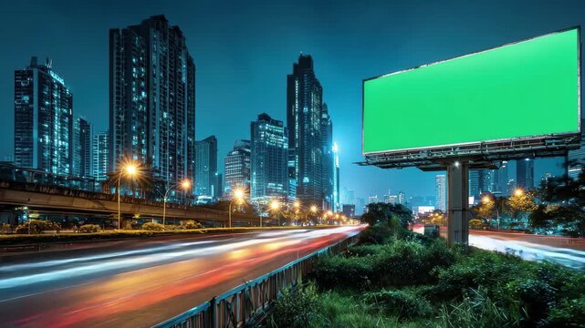 Dynamic city skyline at night with traffic streaks and vibrant green billboard ready for your message, perfect urban backdrop for advertising