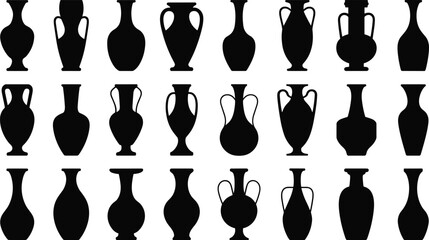 Assortment of Ancient Amphora and Vase Silhouettes on White Background Keywords: vase, amphora, silhouette, ancient, pottery