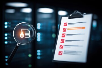 Fototapeta premium Office environment with paperwork to publish, enterprise servers ensuring database performance and security