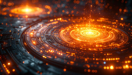 Digital Convergence: A captivating macro view of interconnected data streams and digital innovation, showcasing a glowing network with radiant light displays.