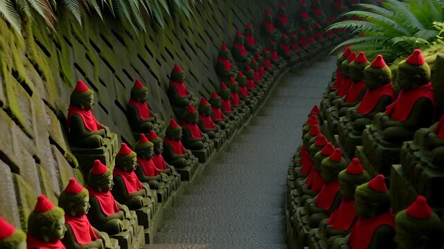 Rows of mossy stone Jizo statues with red bibs lining a misty forest path, symbolizing spiritual zen and Japanese culture.