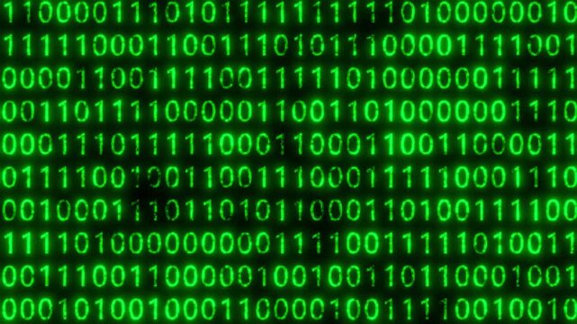 Abstract green binary code on black. Changing program code from zero and one. Futuristic cyberspace, binary data, streaming code matrix background. Digital encryption, software coding and programming.