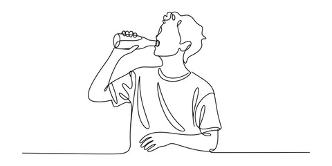One line drawing of a young man drinking from a bottle