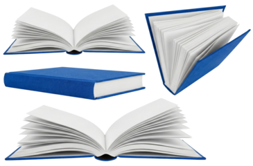 Collection of blue-bound books in various open and closed positions with isolated transparent