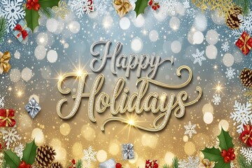 Sparkling happy holidays text with festive ornaments and bokeh lights isolated on transparent background