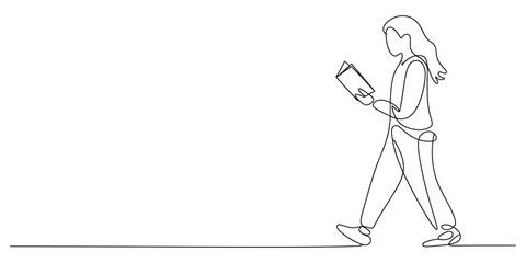Woman walking and reading book continuous line art