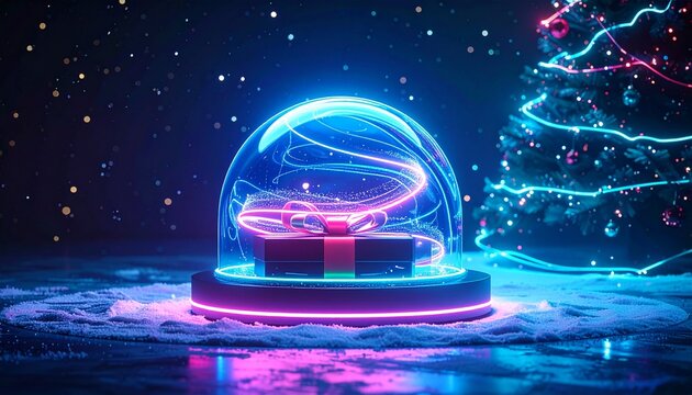 Glowing Gift Inside Glass Globe with a Christmas Tree in a Dark Scene - Powered by Adobe