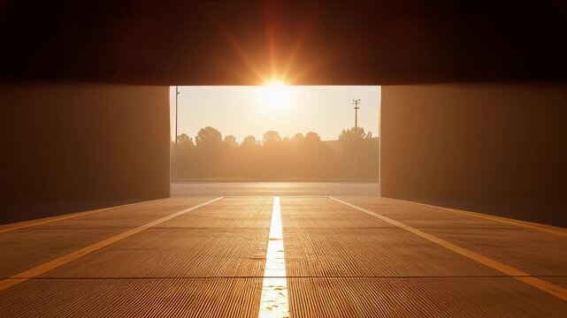 Dark industrial warehouse roller shutter opening to reveal bright golden sunlight in a cinematic 3D animation, symbolizing logistics, hope, and new business opportunities.