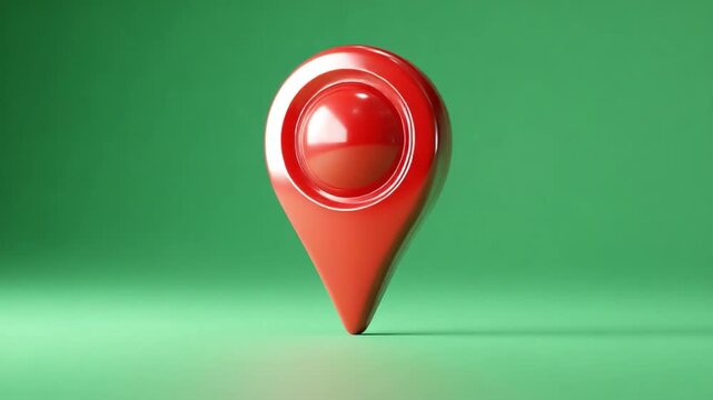 A red location pin icon on a vibrant green background, representing navigation