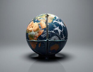 A 3D globe showing the world map and continents is pictured on a table and in a glass with reflections, representing a global business and travel concept