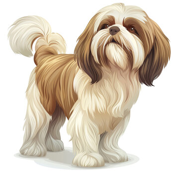 Shih Tzu dog standing isolated on white background with long fluffy coat illustration
