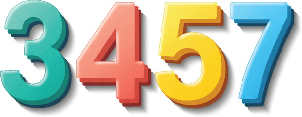 Colorful 3D numbers 3 4 5 and 7 with a chunky plasticlike design and soft drop shadows.