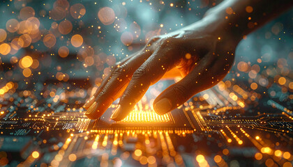 Human Hand in the Tech Realm: A person's hand delicately interacts with an illuminated circuit board, embodying the synergy of innovation and the digital world, filled with a sense of connection.