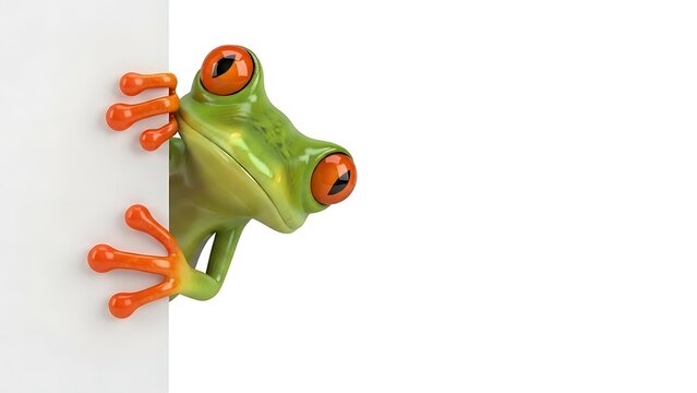 Funny green frog character looking curious on a clean white background.