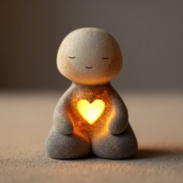 Practicing loving kindness meditation with heart shaped light emanating from chest. Compassion visualization for heart centered meditation metta wellness concept. Spiritual mindfulness metta practice.