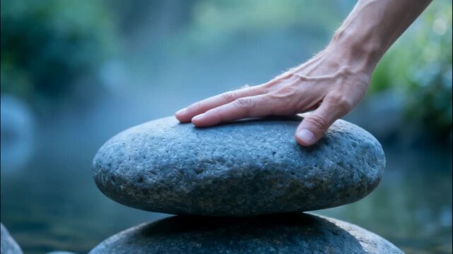 Close-up hand gently touching stacked stones near water, symbolizing balance and tranquility