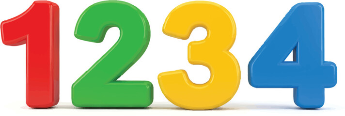 Colorful red green yellow and blue plastic toy numbers one two three and four standing in a sequential row.